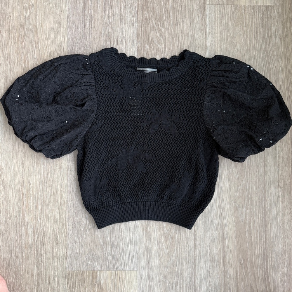 NWT Anthropologie Crocheted Knit Top with Sequin Puffed Sleeves